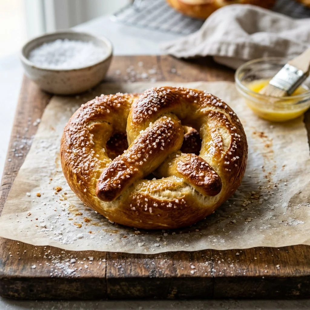 Freshly baked homemade soft pretzels with coarse salt