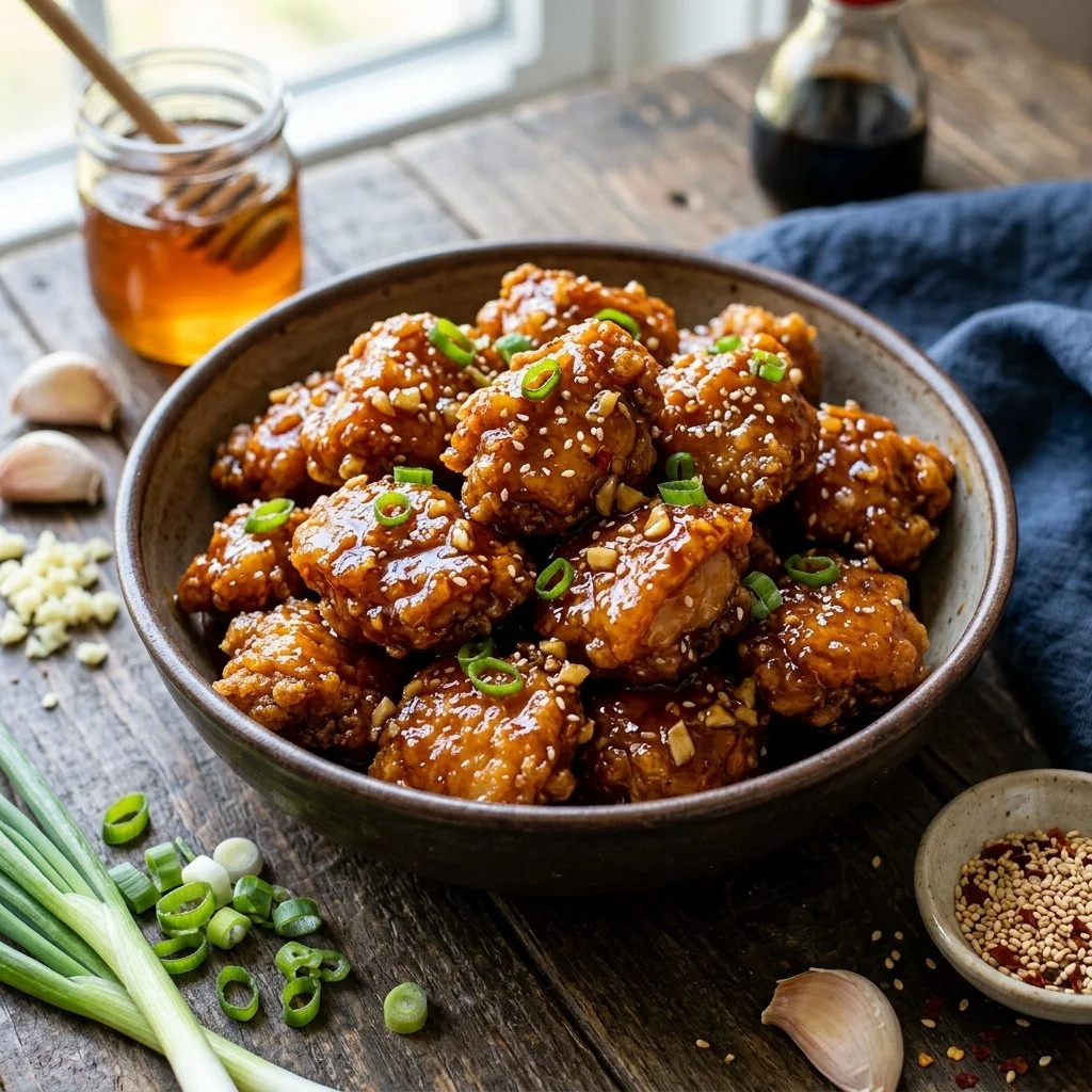 Plate of juicy Honey Garlic Chicken garnished with sesame seeds and green onions.