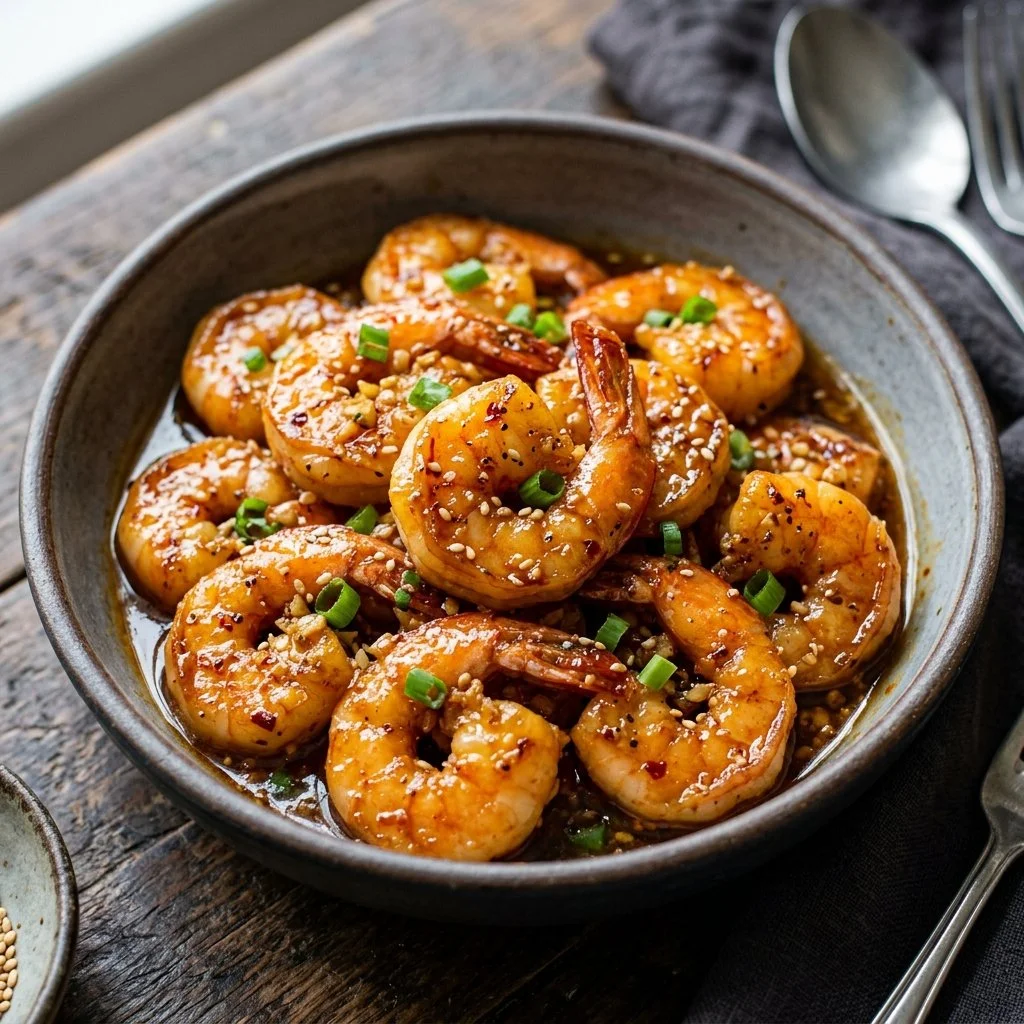 Plate of Honey Garlic Shrimp garnished with green onions and sesame seeds