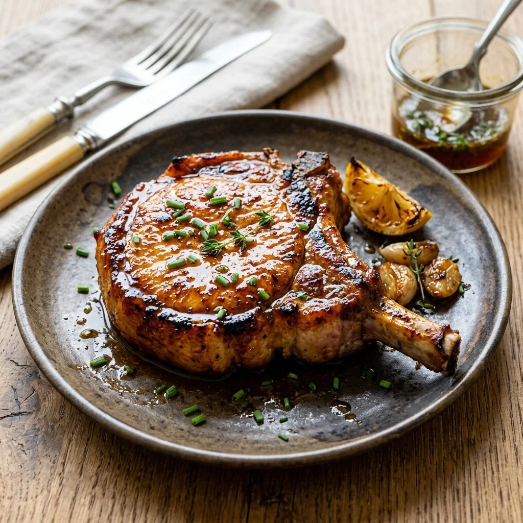 Honey glazed pork chops served with vegetables on a plate