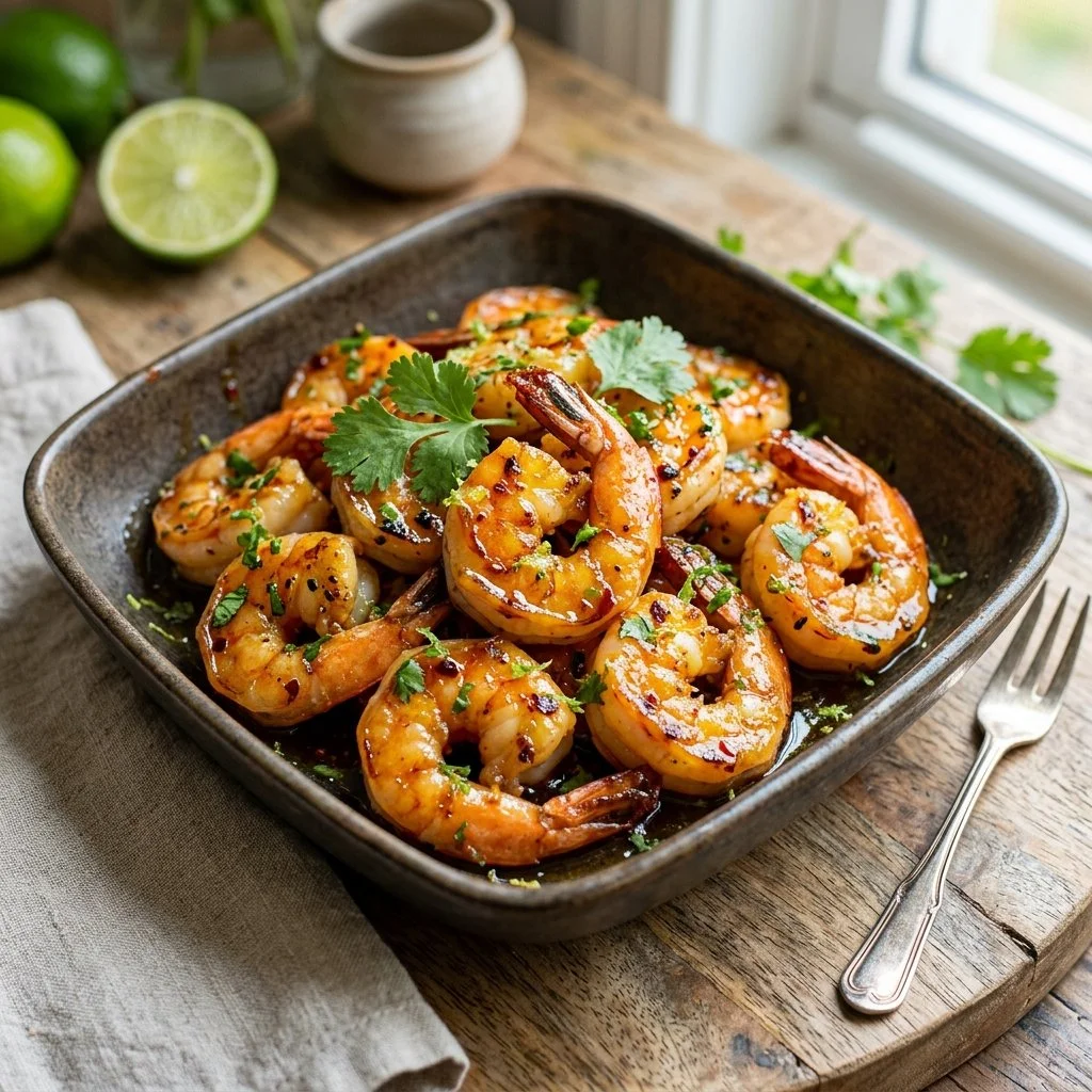 Delicious honey lime shrimp served with fresh lime wedges on a plate