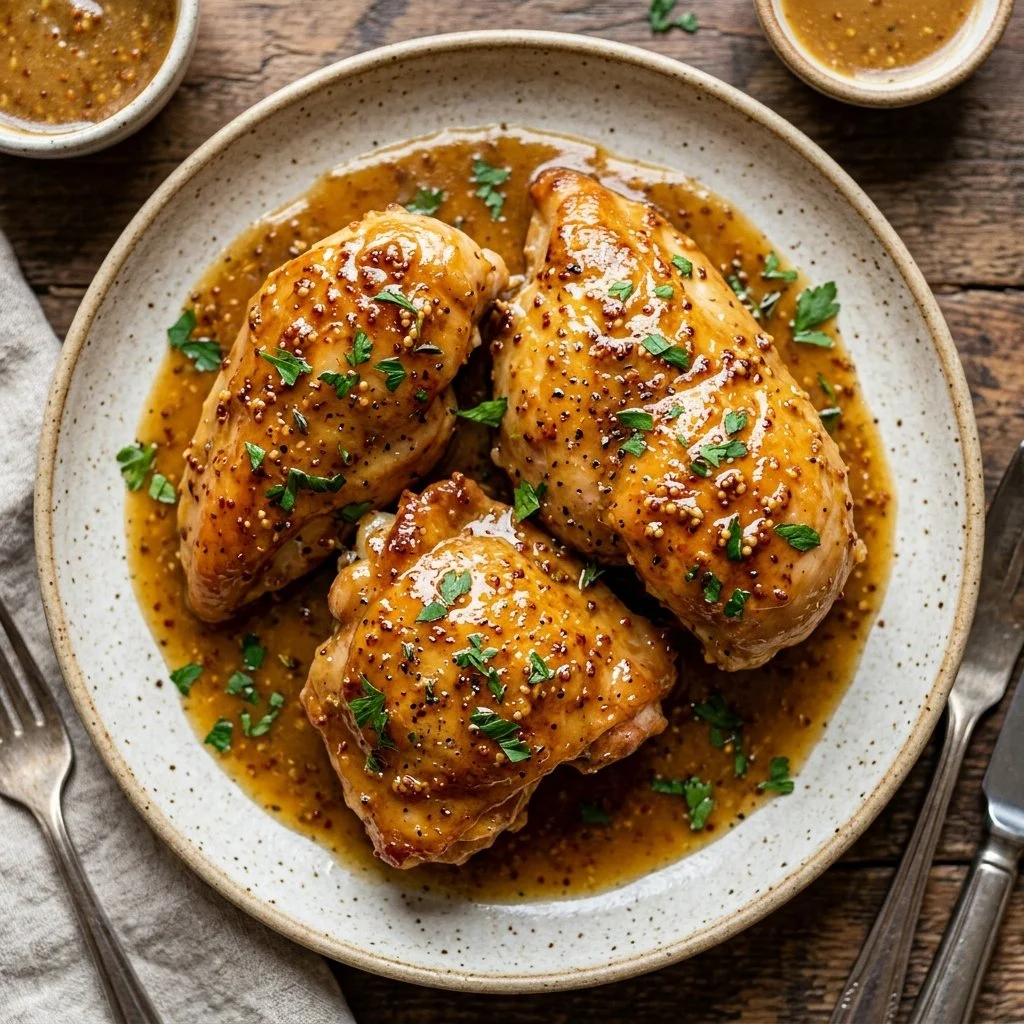 Delicious honey mustard chicken garnished with herbs on a white plate.