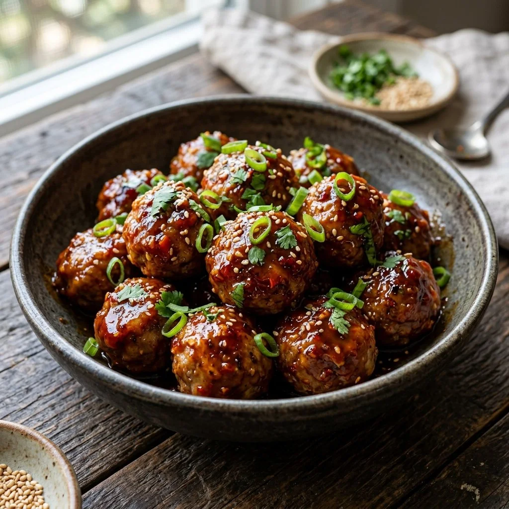 Delicious Honey Sriracha Meatballs served on a platter with a spicy glaze.