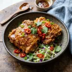 Plate of delicious hot honey chicken drizzled with spicy honey sauce