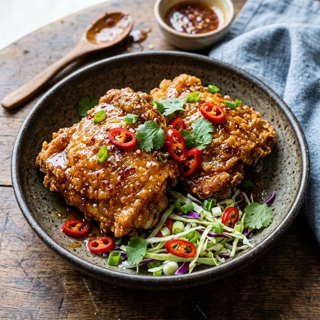 Plate of delicious hot honey chicken drizzled with spicy honey sauce