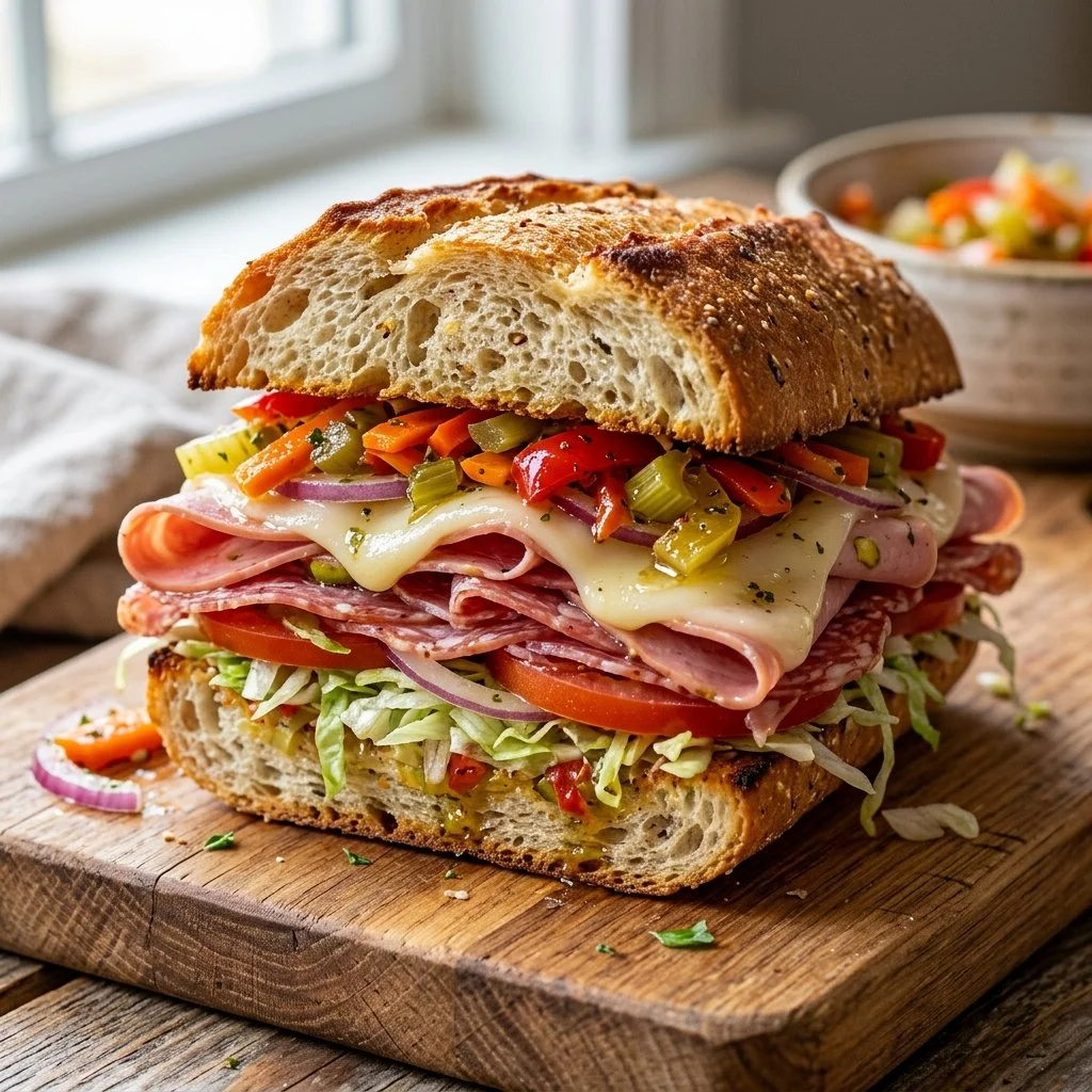 Delicious Italian Grinder sandwich with meats and fresh veggies