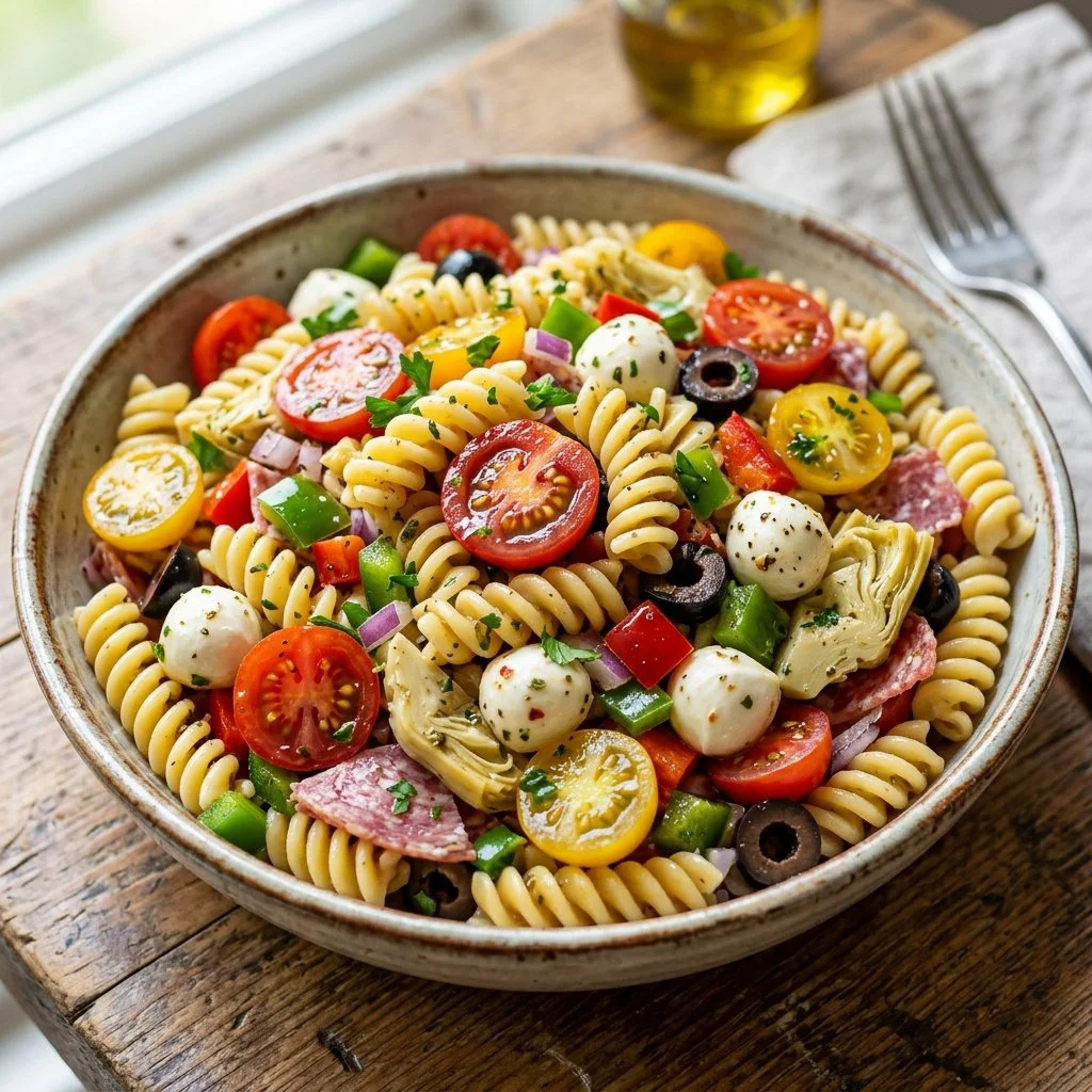 Bowl of vibrant Italian pasta salad with vegetables and dressing