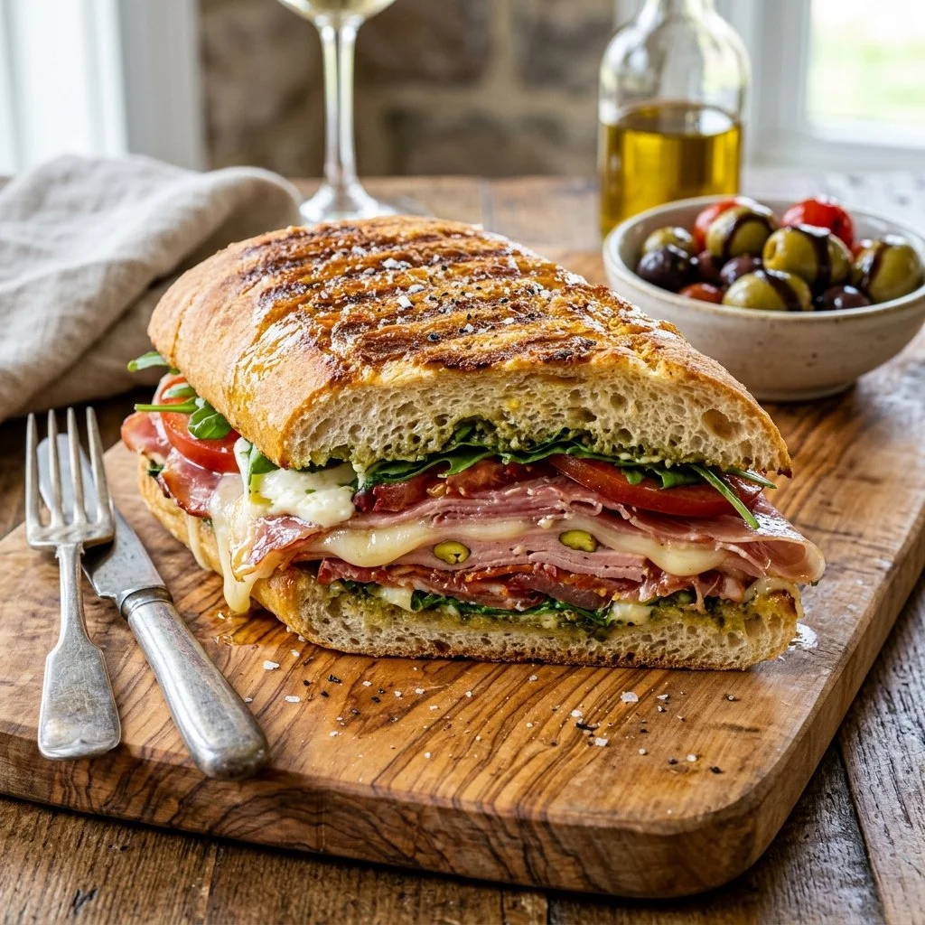 Delicious Italian pressed sandwich with fresh ingredients and crispy crust
