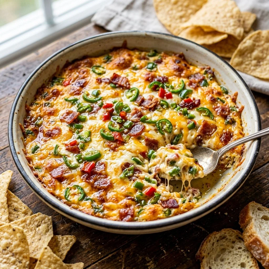 Delicious Jalapeno Popper Dip served in a bowl with tortilla chips