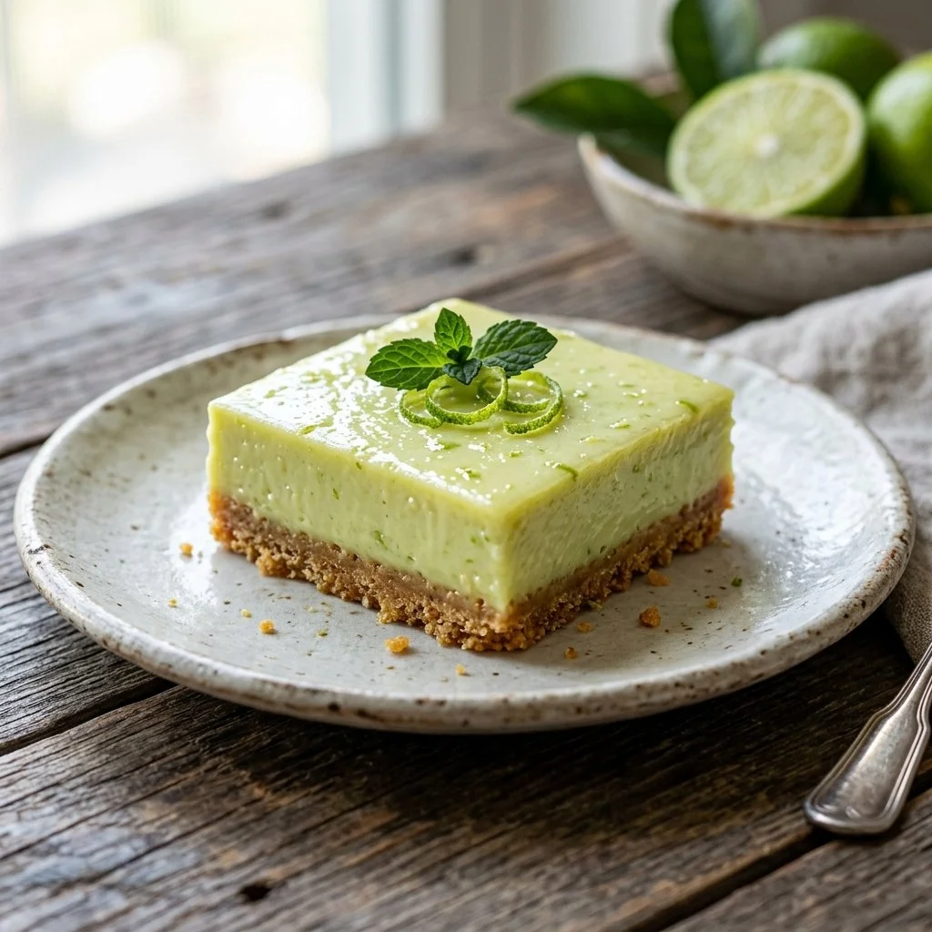 Delicious key lime bars topped with whipped cream and lime zest
