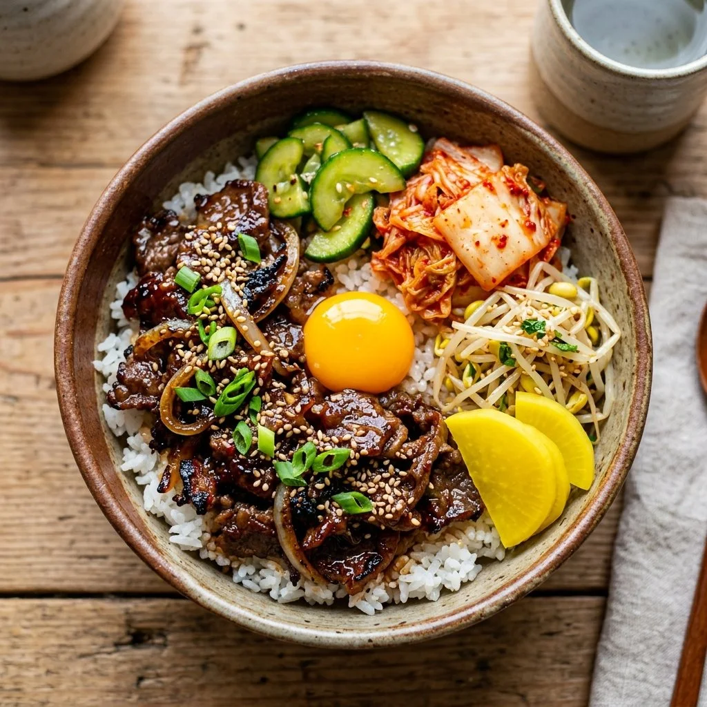 Delicious Korean Beef Bowl garnished with fresh vegetables and sesame seeds