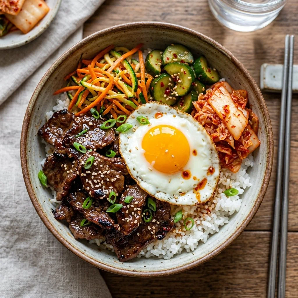 A delicious Korean beef bowl topped with vegetables and served over rice.