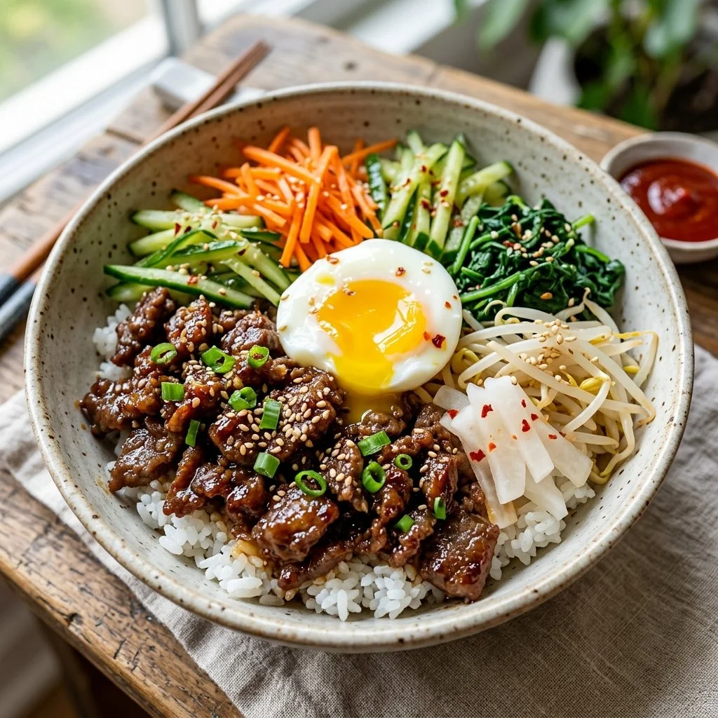 Korean beef bowls with tender meat and colorful vegetables served over rice