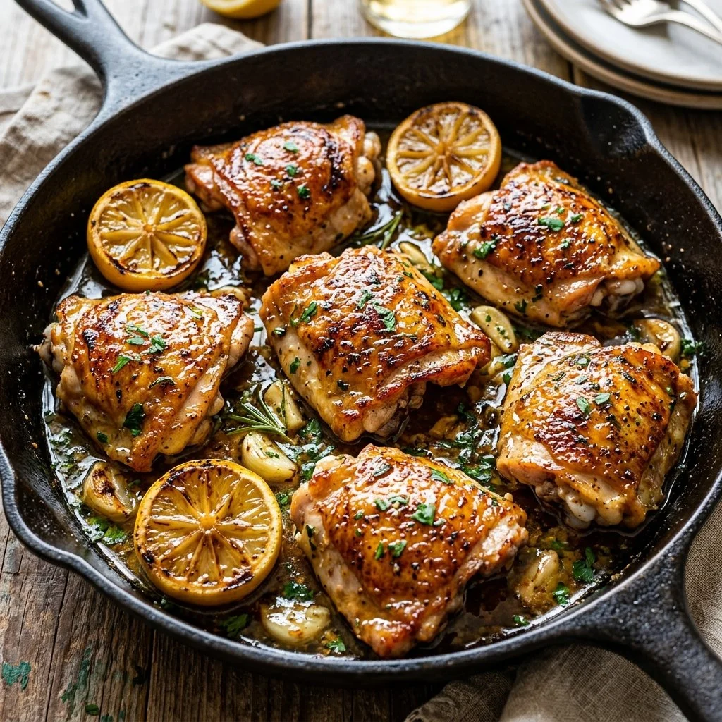 Juicy lemon garlic chicken thighs garnished with fresh herbs on a plate.