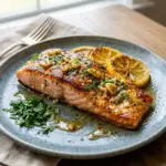Delicious Lemon Garlic Salmon garnished with fresh herbs and lemon slices
