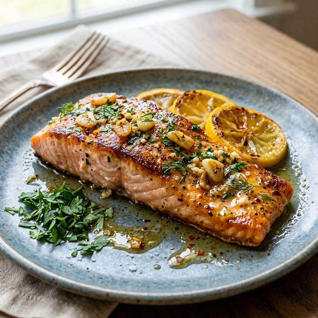 Delicious Lemon Garlic Salmon garnished with fresh herbs and lemon slices