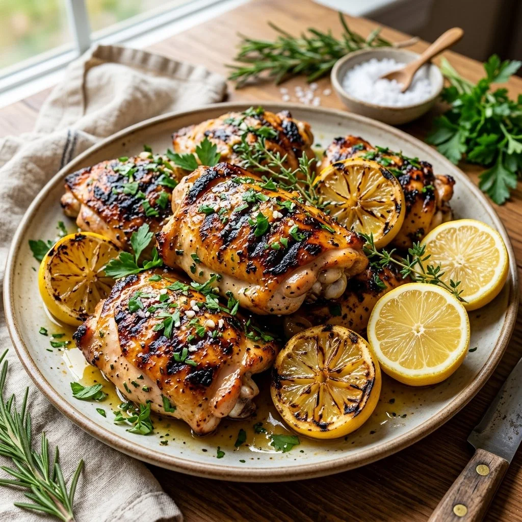 Lemon Herb Grilled Chicken freshly grilled and garnished with herbs