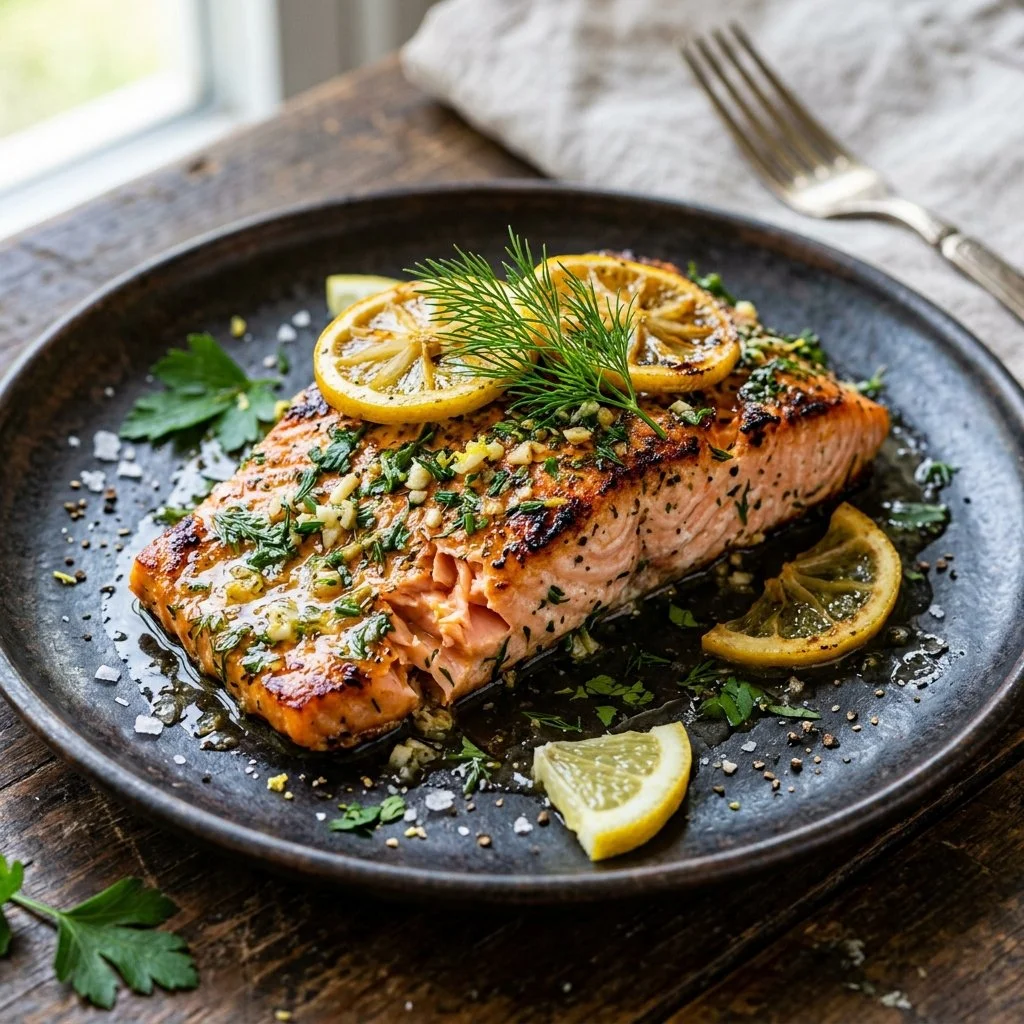 Grilled lemon herb salmon fillet garnished with fresh herbs