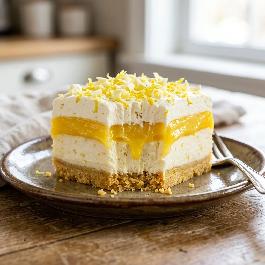 Delicious Lemon Lush dessert with a smooth and creamy lemon topping