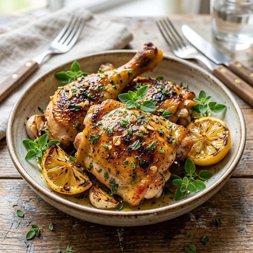 Delicious lemon oregano chicken served with fresh herbs and lemon slices