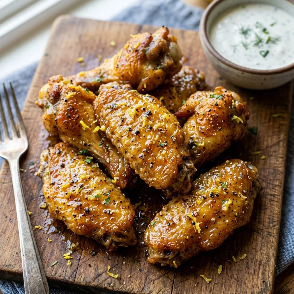 Crispy Lemon Pepper Wings served with a tangy dipping sauce
