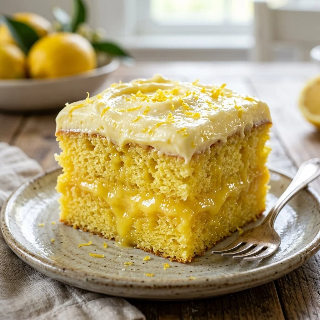 Delicious Lemon Poke Cake topped with lemon icing and fresh slices of lemon