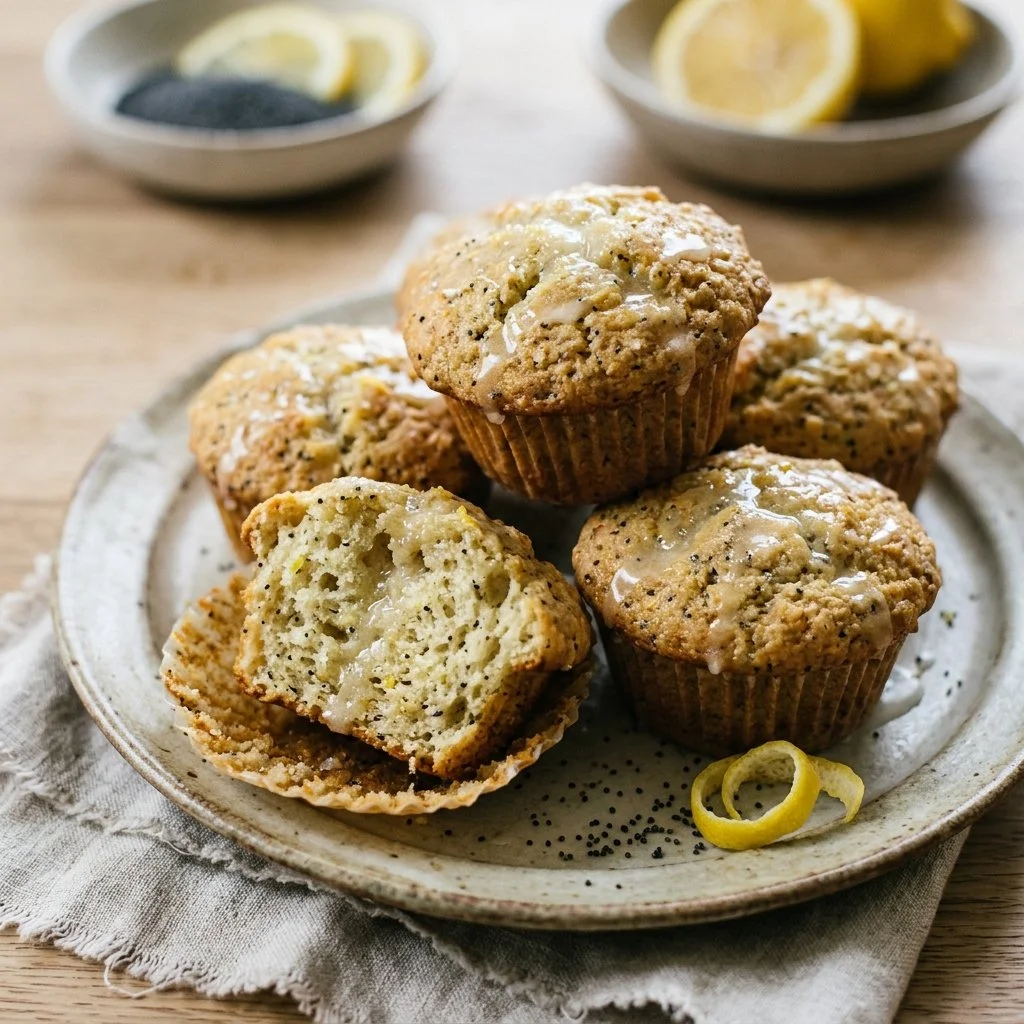 Freshly baked lemon poppy seed muffins on a cooling rack