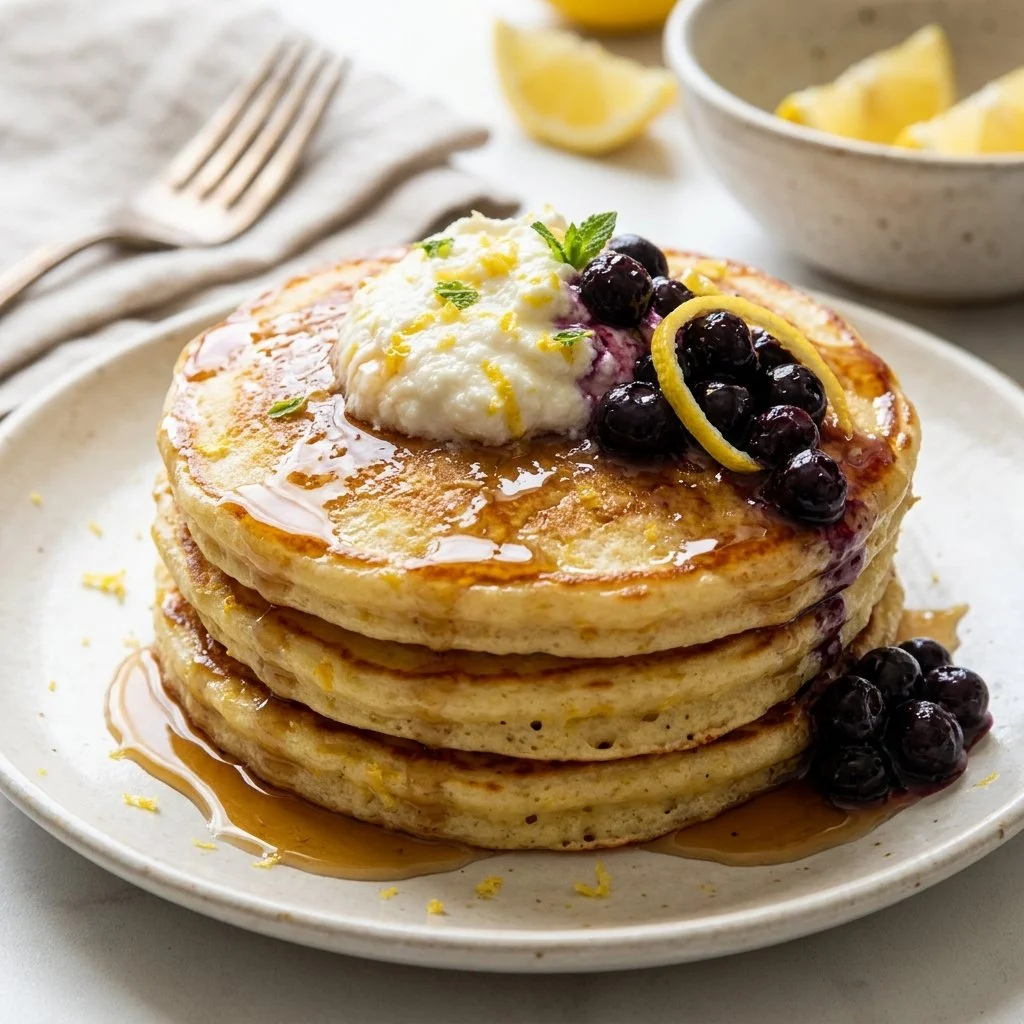 Fluffy lemon ricotta pancakes served with fresh berries and syrup