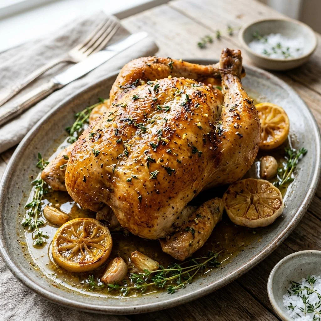 Lemon thyme roast chicken garnished with fresh herbs on a serving platter