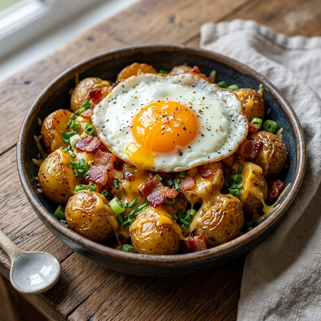 Delicious loaded breakfast potatoes topped with cheese, bacon, and herbs