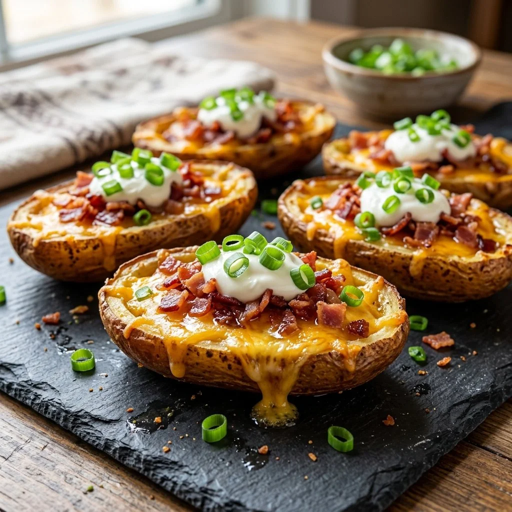 Loaded potato skins topped with cheese, bacon, and green onions