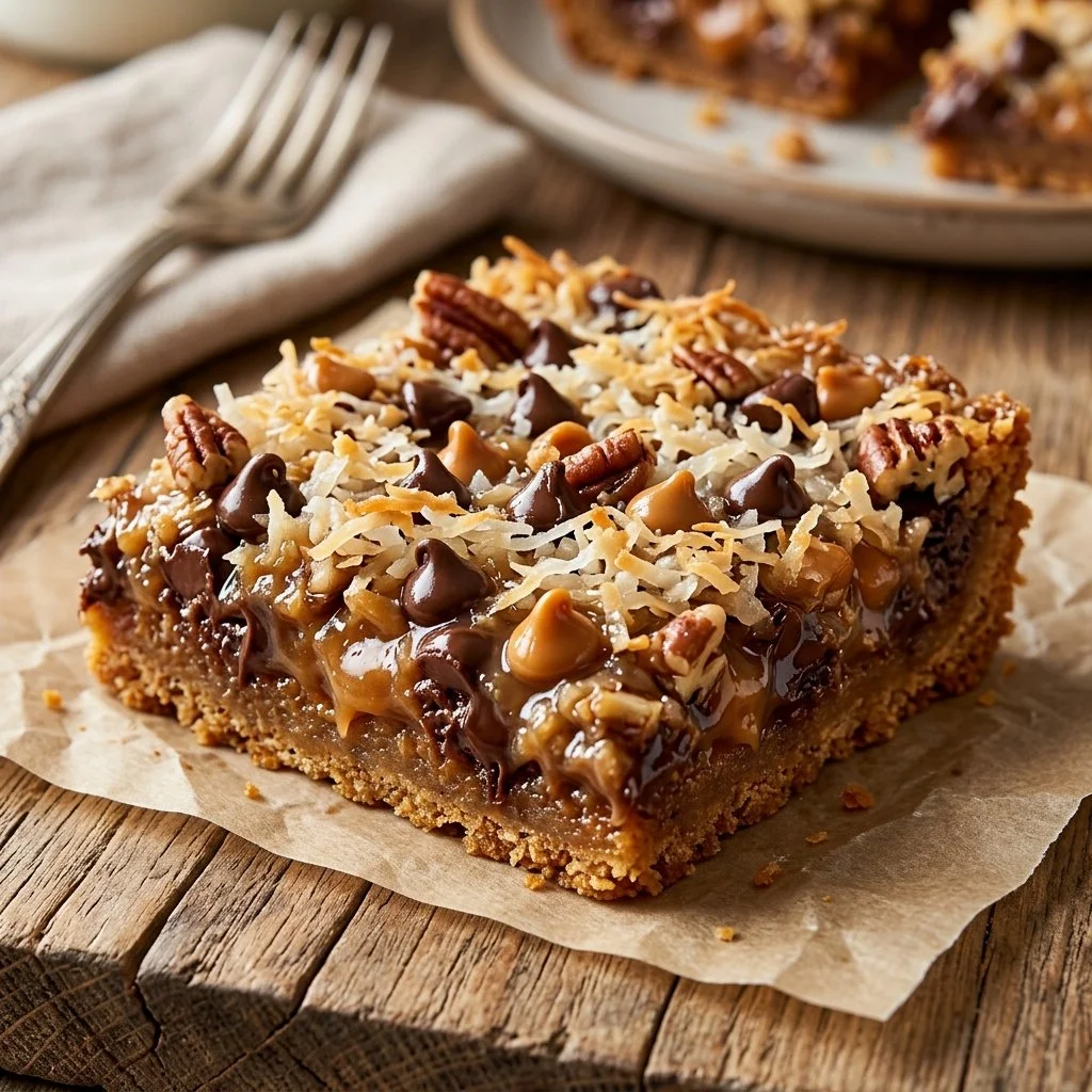 Delicious Magic Cookie Bars stacked on a plate with chocolate and nuts.
