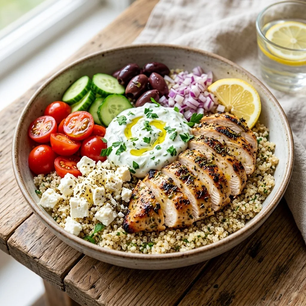 Colorful Mediterranean Chicken Bowls with fresh vegetables, grains, and herbs