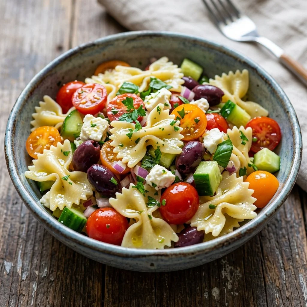 Colorful Mediterranean Pasta Salad with vegetables and feta cheese