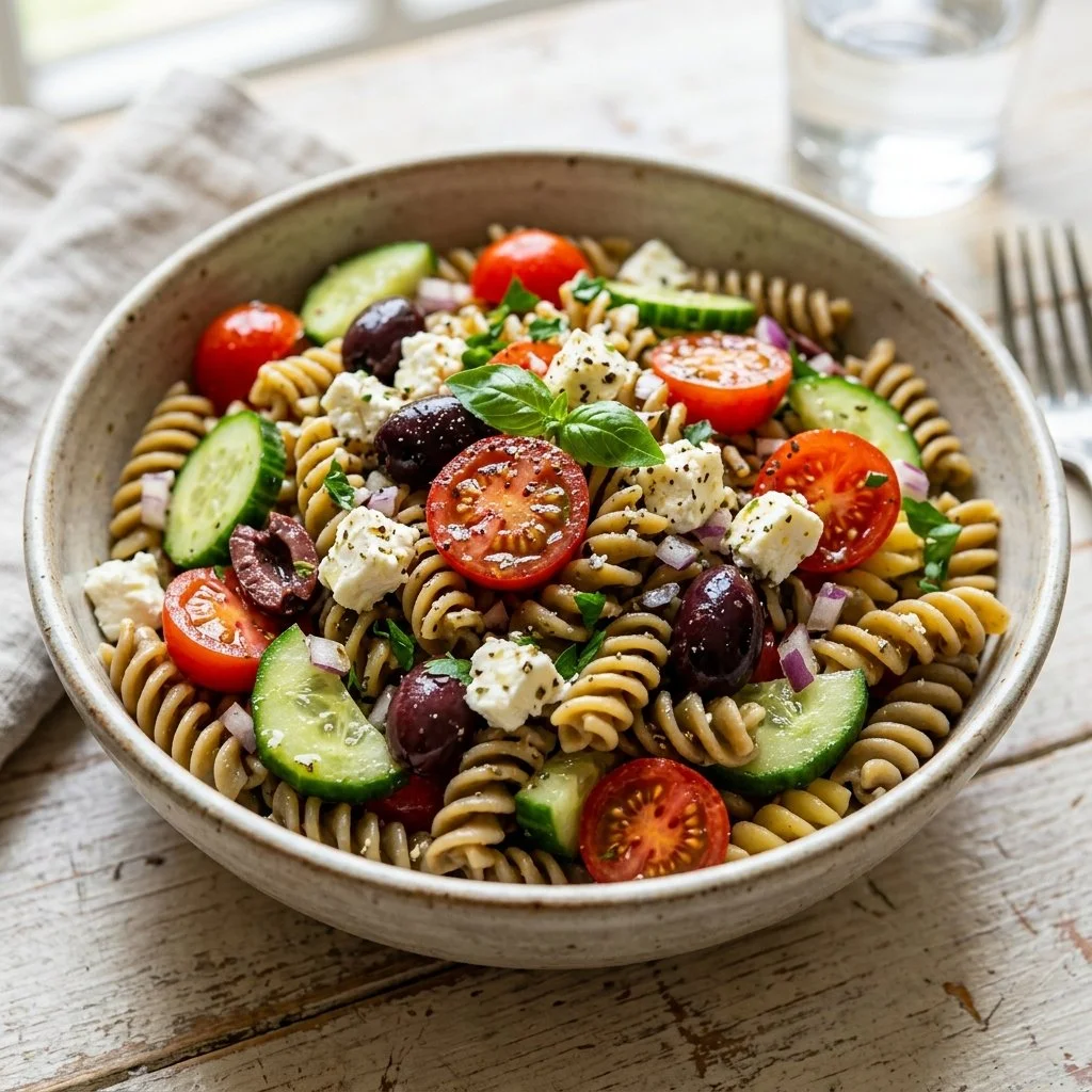 Colorful Mediterranean Pasta Salad with vegetables and olives