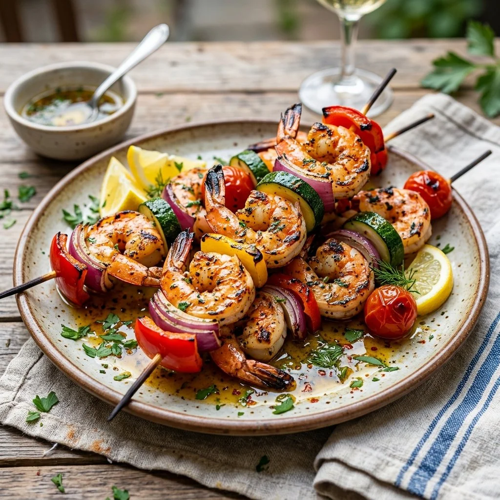 Grilled Mediterranean shrimp skewers with colorful vegetables on a plate.