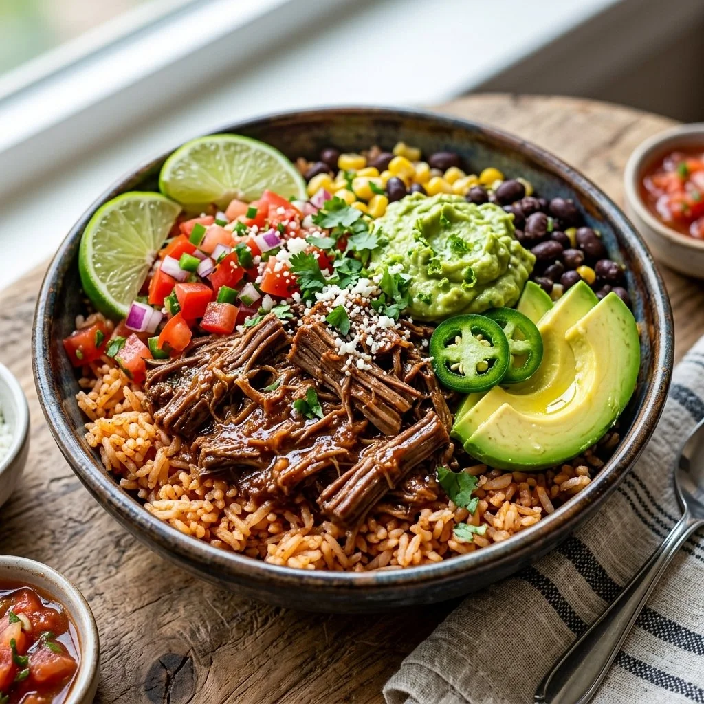 Delicious Mexican beef bowls topped with fresh ingredients.