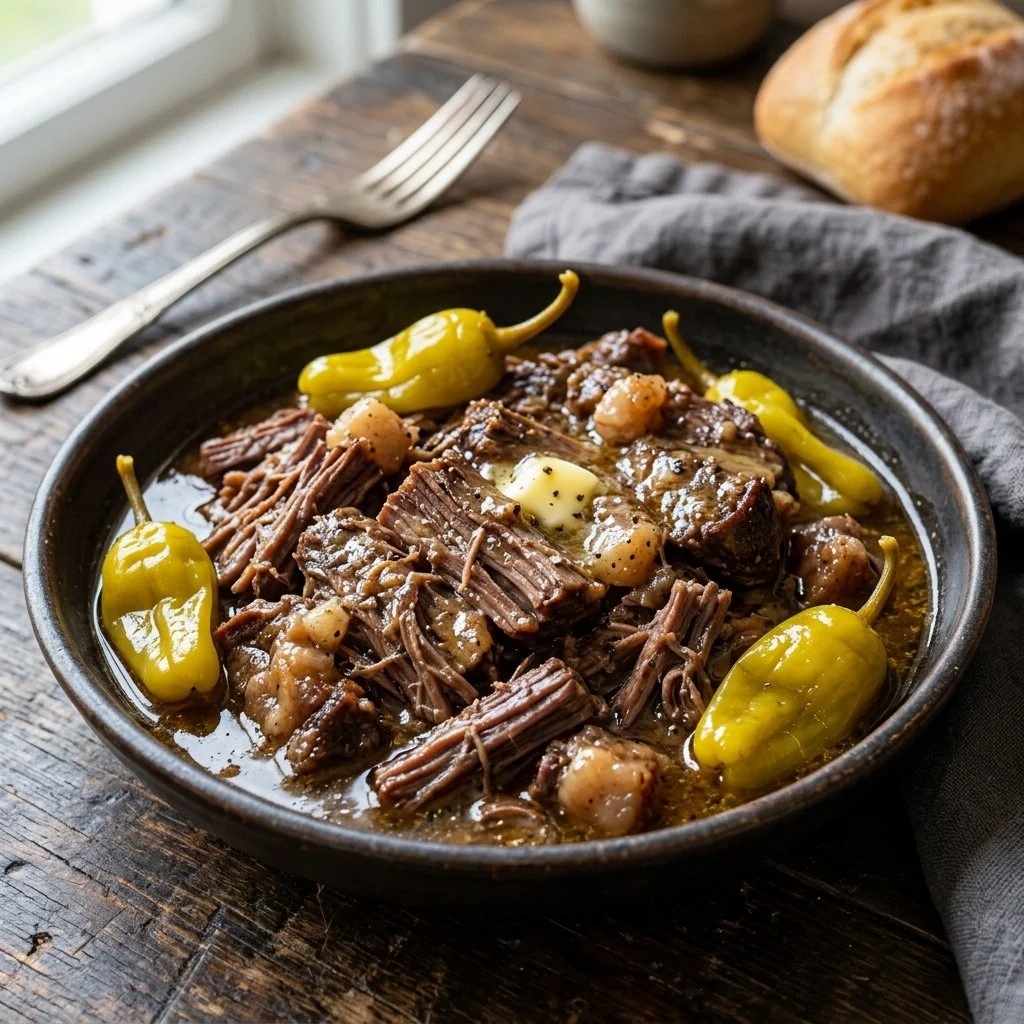 Delicious Mississippi Pot Roast served with vegetables and herbs