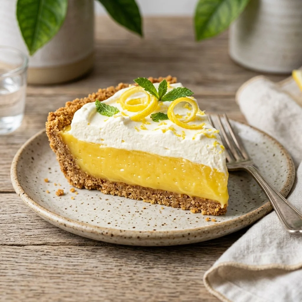 No-bake lemon pie with a graham cracker crust and fresh lemon filling.