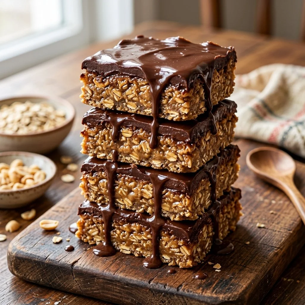 No bake peanut butter bars topped with chocolate and oats