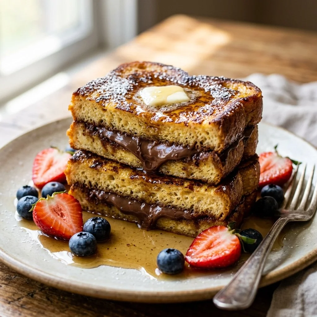 Nutella Stuffed French Toast with chocolate drizzle and strawberries on top.