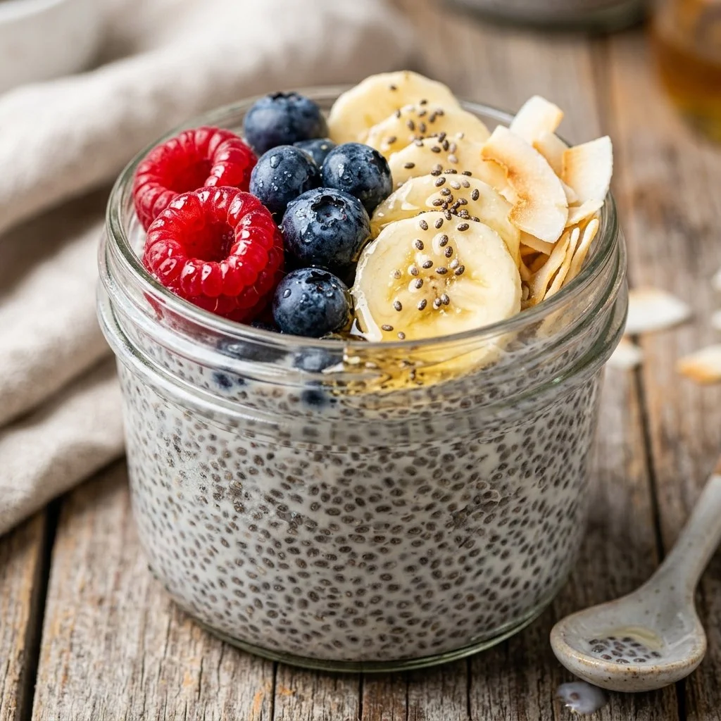 Bowl of delicious overnight chia seed pudding topped with fresh berries