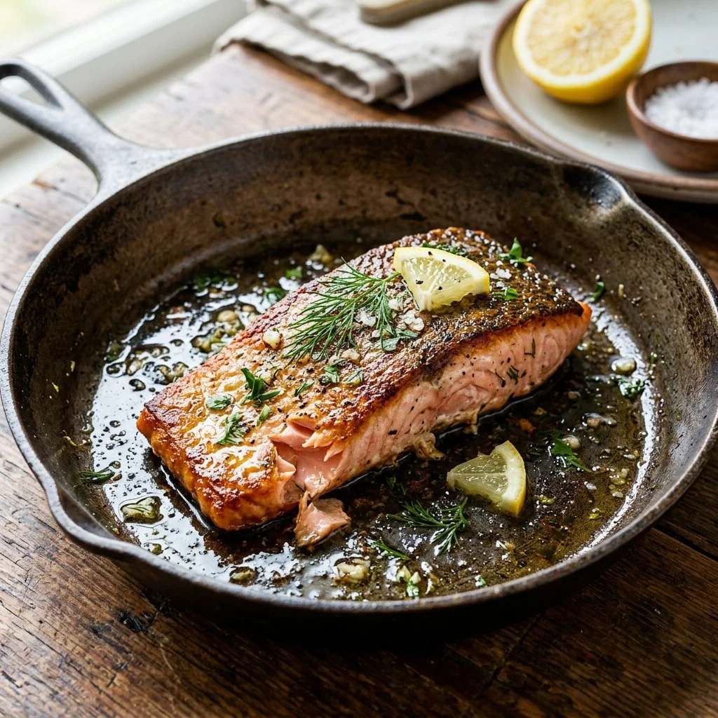 Delicious pan seared salmon fillet served on a plate with herbs
