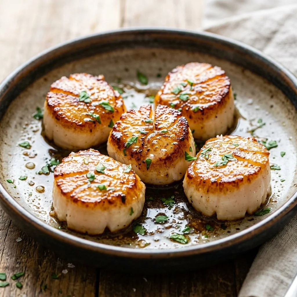 Delicious pan-seared scallops served on a plate with lemon and herbs
