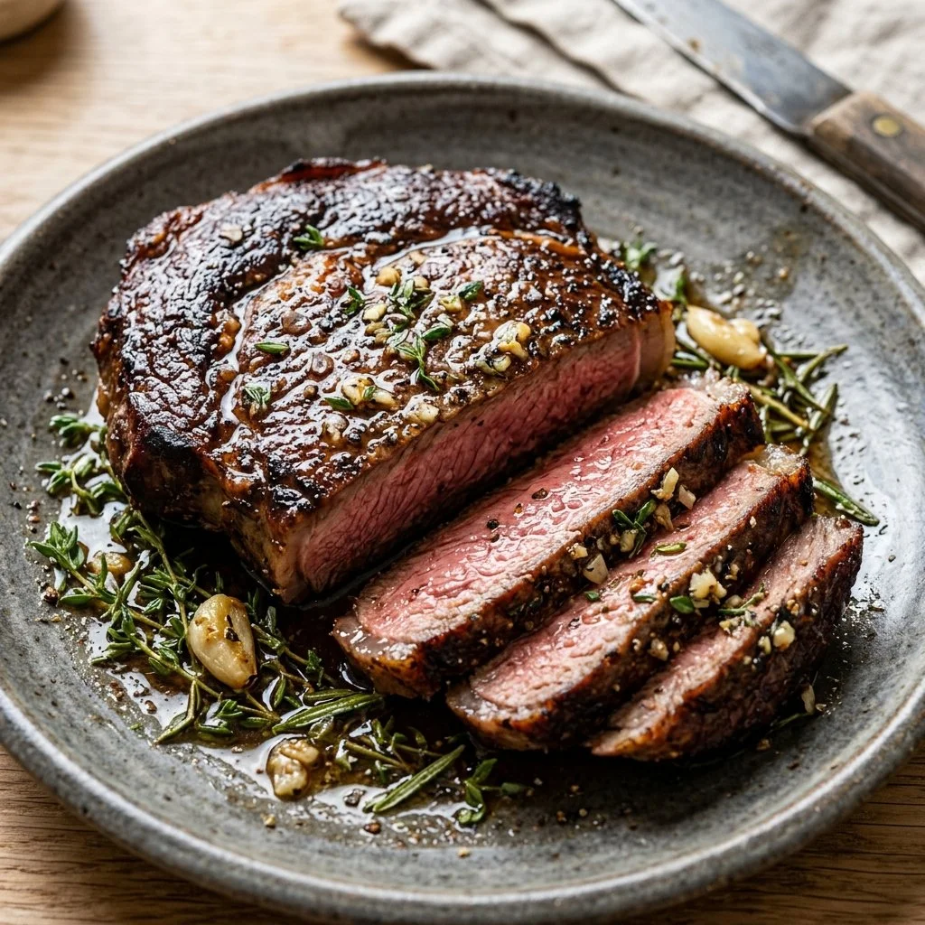 Delicious pan seared steak plated with herbs and spices.