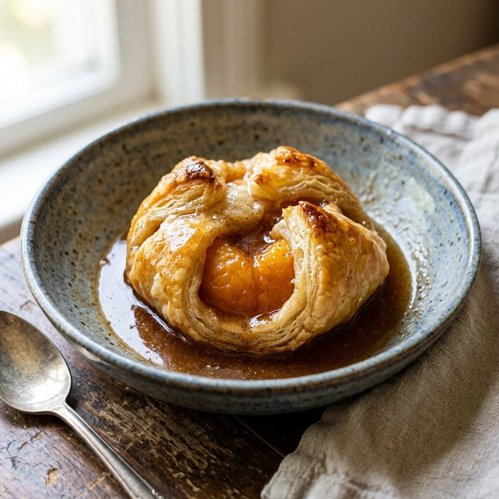 Homemade peach dumplings served warm with a scoop of vanilla ice cream