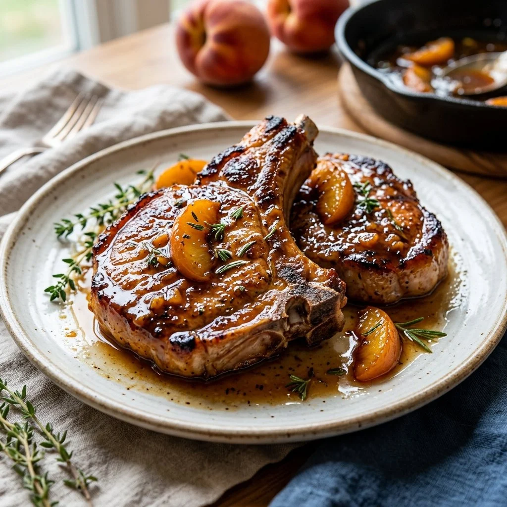 Peach glazed pork chops drizzled with sauce, served on a plate