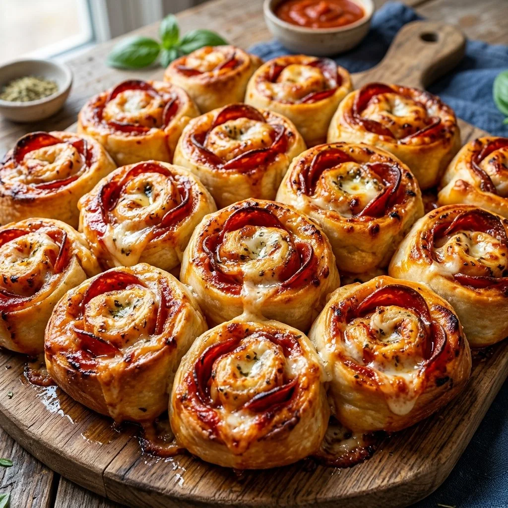 Pepperoni pizza roll ups on a plate ready to serve