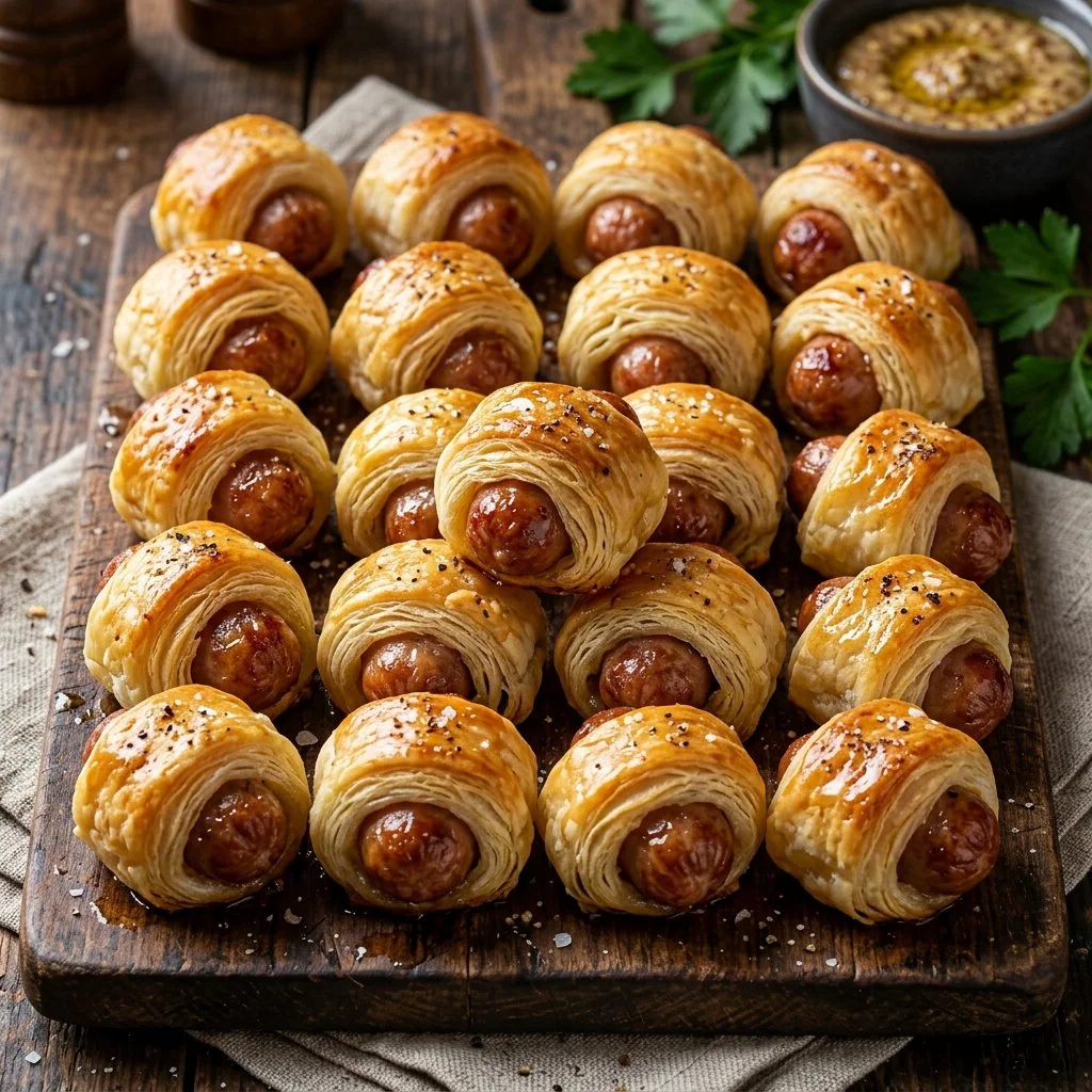 Platter of delicious pigs in a blanket ready to serve
