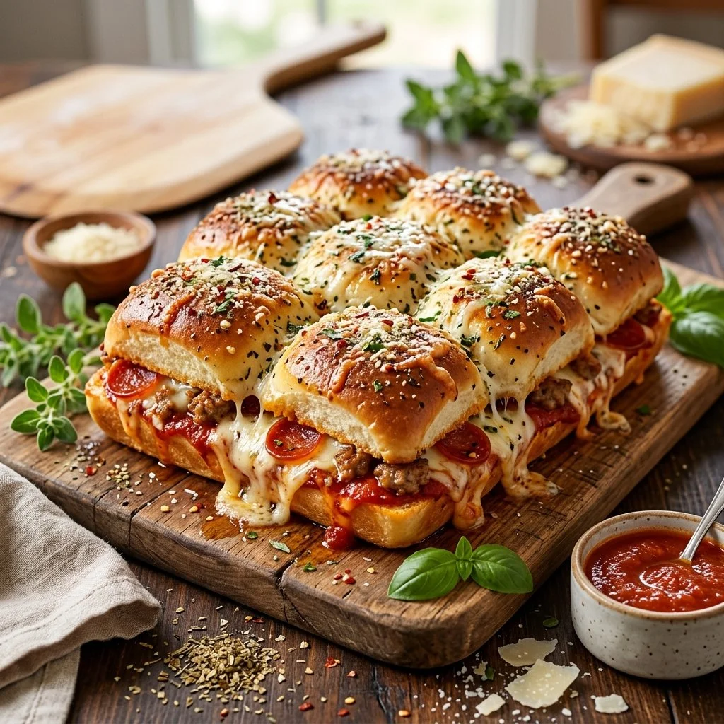 Delicious pizza sliders served with melted cheese and toppings.